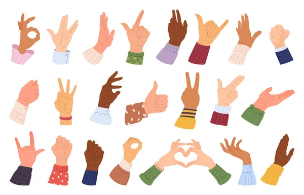 Hands Gestures Cartoon Human Palm Different Skin Colours Social Equality — Stock Vector