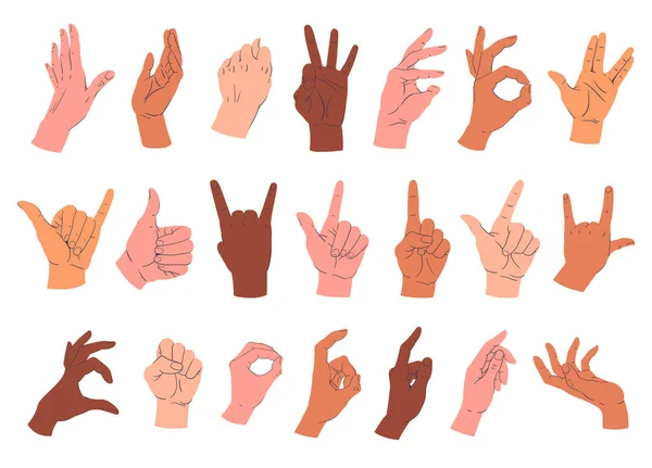 Desenhos Animados Mãos Gestos Várias Palmas Mão Com Diferentes Cores — Vetor de Stock