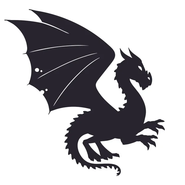 Silueta Dragones Dibujos Animados Alado Fuego Respiración Reptil Dragón Medieval — Vector de stock