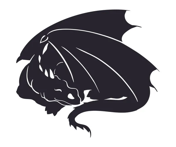 Silueta Dragón Dormido Dibujos Animados Alado Reptil Fantasía Criatura Cuento — Vector de stock