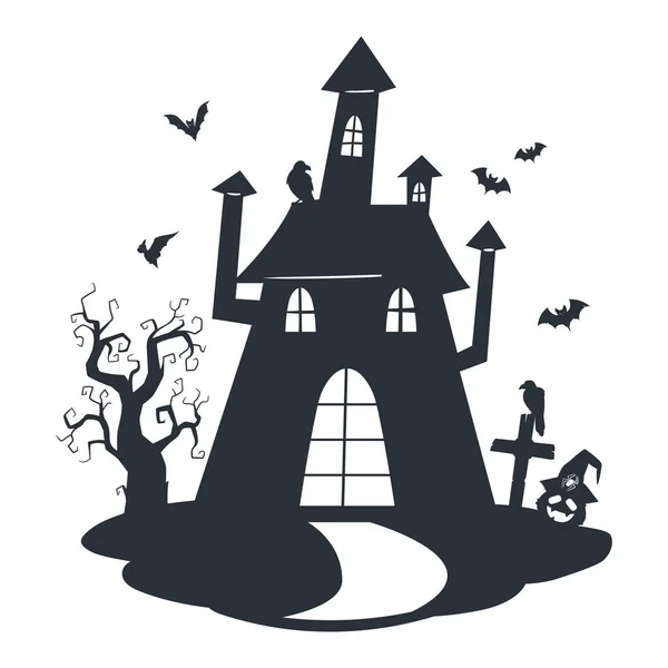 Tecknad Hemsökt Hus Siluett Halloween Spökhus Läskiga Monster Hemsökt Slott — Stock vektor