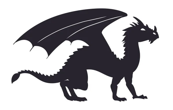 Fantasy Dragon Silhouette Cartoon Standing Reptile Winged Magic Dragon Fairy — Stock Vector