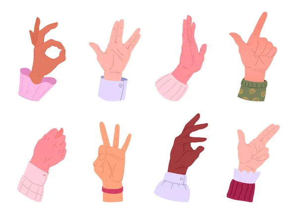 Desenhos Animados Mãos Gestos Definidos Palmas Mão Humanas Com Diferentes — Vetor de Stock