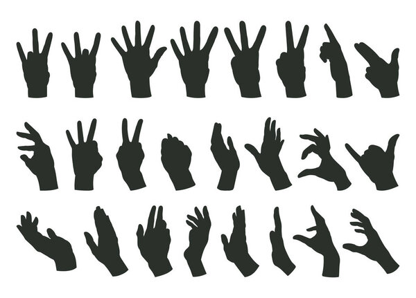 Hands gestures silhouettes. Cartoon human hands signs, call, okay, index finger and peace positions. Sign language flat vector illustration set