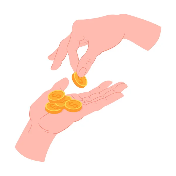 금화를 잡아요 핸드는 동전을 삽화에 넣었습니다 동전을 사람의 — 스톡 벡터
