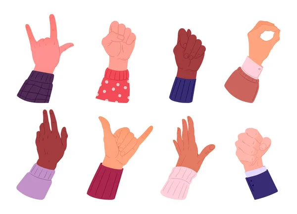 Vários Gestos Mãos Mão Desenhos Animados Palmas Com Diferentes Cores — Vetor de Stock