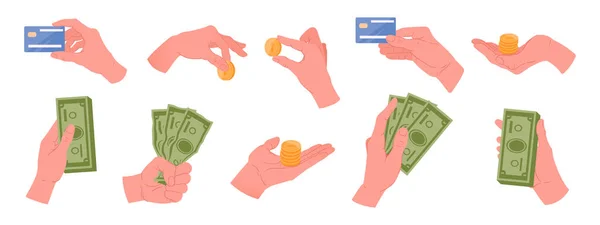手拿着钱 卡通人物手与现金钱 信用卡和金币平面矢量插图集 手握美元现金 — 图库矢量图片