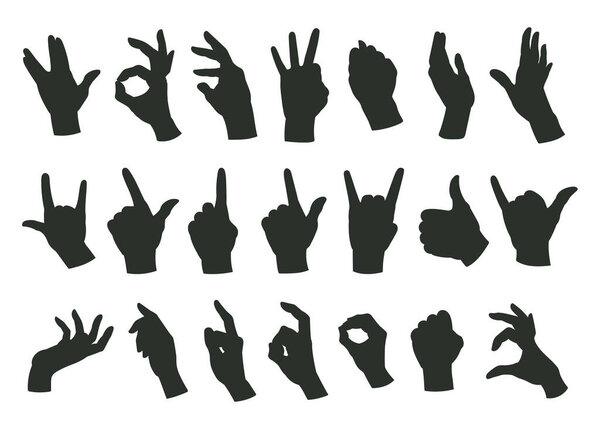 Cartoon hands gestures silhouettes. Human hands signs, okay, call, peace position and index finger sign flat vector illustration set