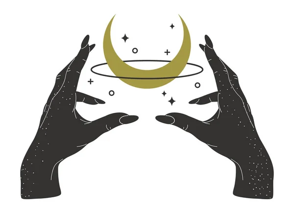 神奇的手握住新月形 神奇的魔女手 带有月相平面矢量图解的深奥设计 — 图库矢量图片