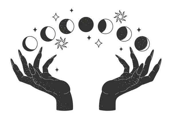 魔法巫婆的手异质设计的女性手与月相 神秘魔法空间平面矢量图解 — 图库矢量图片