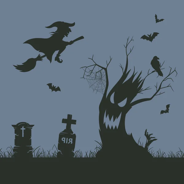 Läskig Kyrkogård Silhuett Bakgrund Tecknad Halloween Kyrkogård Dekoration Med Skrämmande — Stock vektor