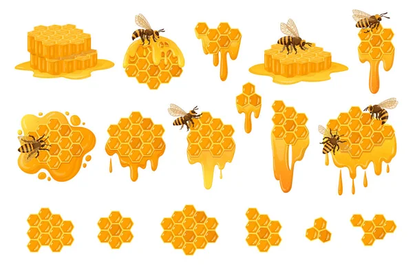 卡通蜂窝套装 甜蜜蜜滴与蜂蜜蜜蜂 蜂蜜工艺和蚜虫平面符号收集 蜂窝与融化的蜂蜜 — 图库矢量图片