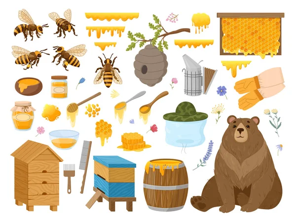 卡通养蜂 采购产品蜂蜜工艺 蜂窝和甜蜂蜜罐 天然的 健康的产品平面病媒插图集 养蜂业收集 — 图库矢量图片