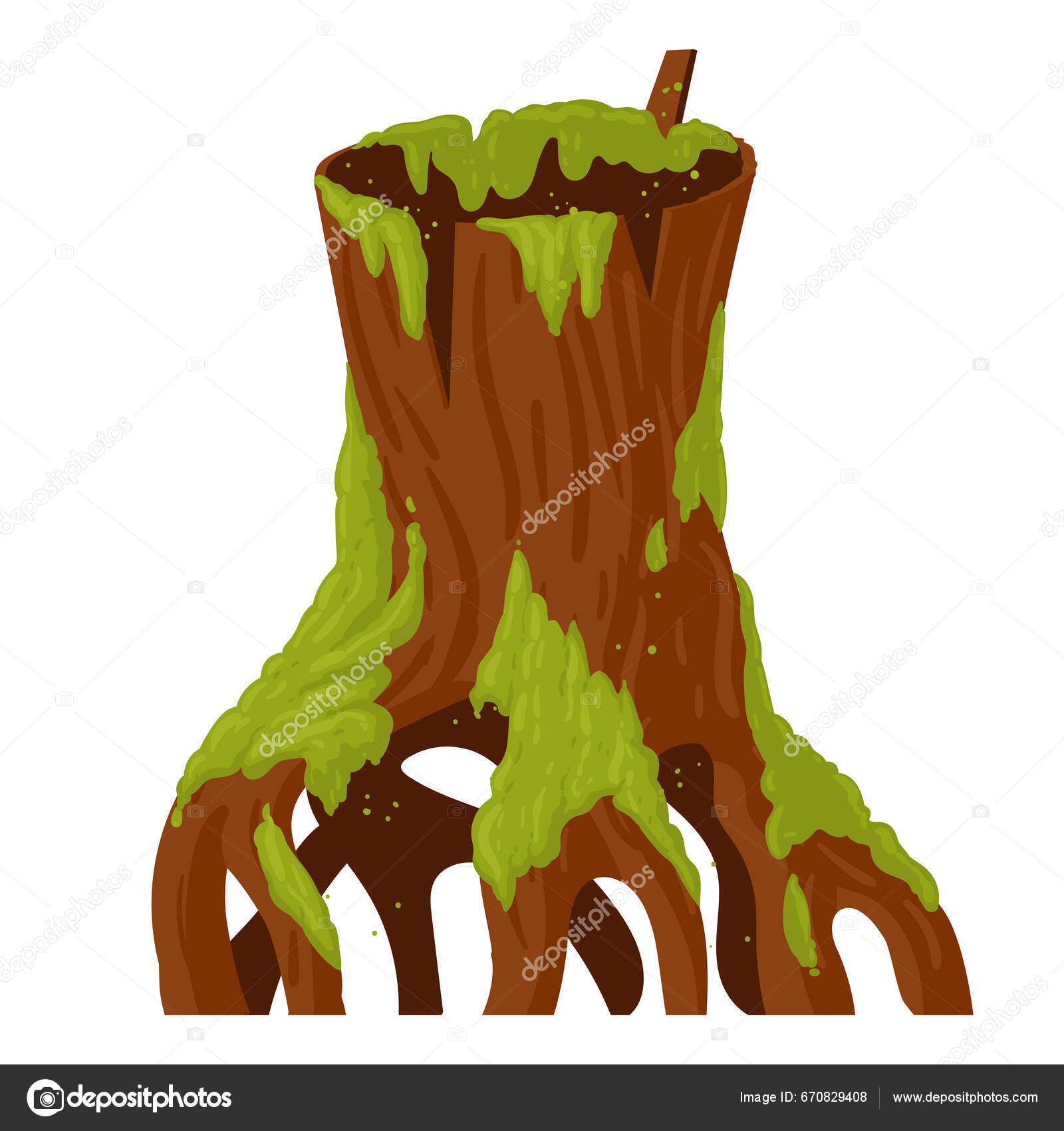 Árvore de desenho animado e madeira vegetação verde floresta com tronco de  toco e galhos conjunto isolado de vetores