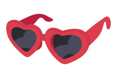 Kalp şeklinde güneşler. El çizimi güneş gözlükleri, kırmızı plastik çerçeve gölgeleri. Moda gözlük aksesuarları düz vektör illüstrasyonu