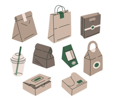 Kağıt yiyecek konteynırları. Paket servisi, fast food kâğıt poşetleri, kutular ve plastik el çizimi düz vektör çizimi.