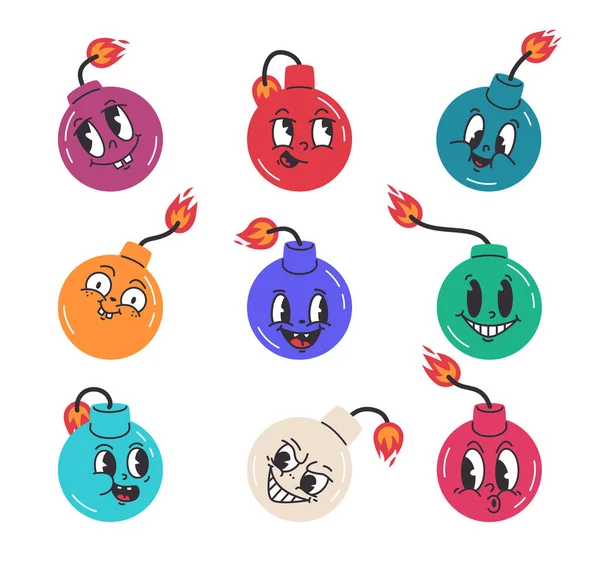 Bomb Mascots Cartoon Bombs Characters Cute Comic Bombshells Burning Wick — Stock Vector