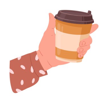 Kahve fincanını tut. Çizgi film kupası, kahve, çay ya da kakao, sıcak içecek, el yapımı sıcak içecek, izole edilmiş düz vektör çizimi.