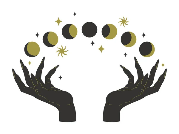 女巫的手与月亮相位 神奇的女性手 深奥的 占星术的和神秘的扁平矢量图解 宝荷魔掌 — 图库矢量图片