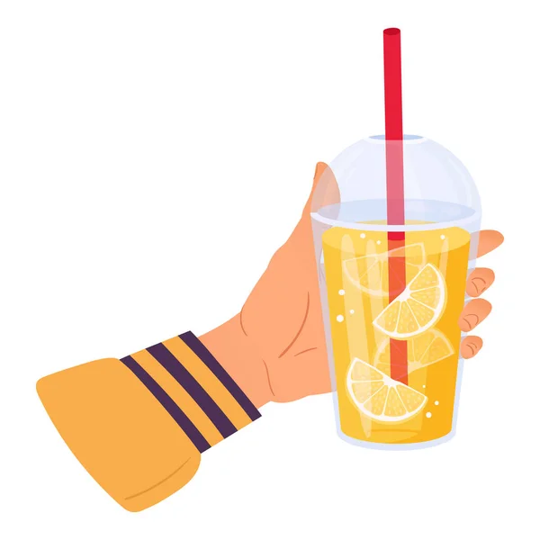 Лимонадная Пластиковая Чашка Руке Холодный Безалкогольный Напиток Свежим Лимонным Соком — стоковый вектор