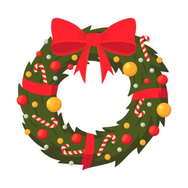 Noel çelengi. Çizgi film geleneksel kış çelengi, xmas daimi yeşil ladin dalı süslemesi. Mutlu Noeller düz vektör illüstrasyonu