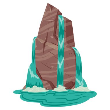 Vahşi doğa akan su. Çizgi film şelalesi manzarası, dağlar ve ağaçlarla çağlayan nehirler. Şelale manzarası düz vektör çizimi