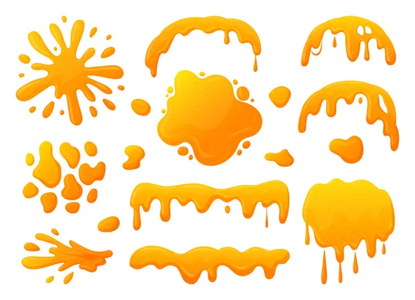 Cartoon Honey Splashes Sweet Syrup Dripping Spots Melting Liquid Honey — Stock Vector