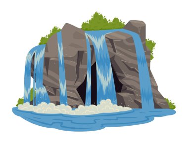 Mountain River şelalesi. Kayalar ve çalılarla dolu vahşi doğa manzarası çizgi filmi. Alelacele çağlayan şelale düz vektör çizimi