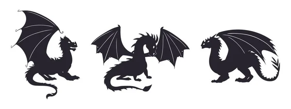 Siluetas Dragones Mascotas Dragones Medievales Alados Reptiles Aterradores Que Respiran — Vector de stock