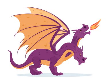 Çizgi film fantezi sürüngeni. İki başlı kanatlı ortaçağ ejderhası, ateş püskürten yaratık. Beyaz arka planda peri masalı canavarı düz vektör çizimi