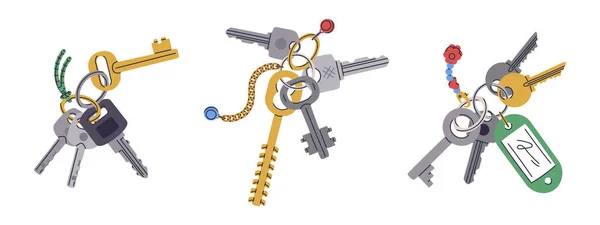 Hand Drawn Key Bunches Apartment House Door Keys Keyring Keychain — Stock Vector