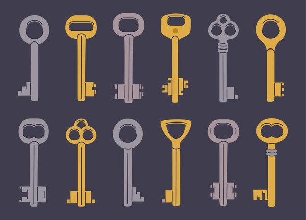 Vintage door keys. Hand drawn retro key, home, apartment or mail box keys. Cartoon keys flat vector illustration set