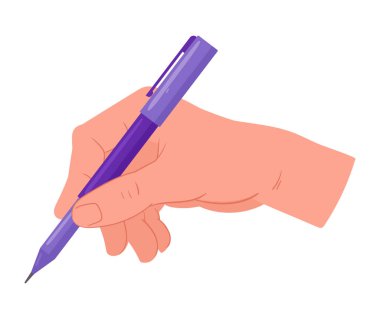 El yazısı. Çizgi film insan eli, tükenmez kalemle kağıt imzalamak ya da belgeleri doldurmak. El düz vektör çizimi yazılıyor