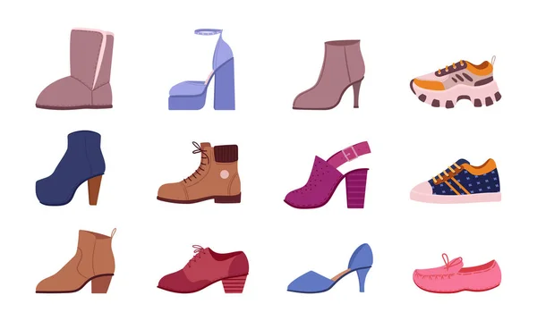 Female Footwear Cartoon Shoes Boots Sneakers Heels Sandals Flat Vector — Stock Vector