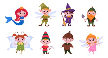 Çizgi roman karakterleri. Fantezi maskotlar, sevimli cüceler, denizkızı ve düz çizim seti. Masal kahramanları koleksiyonu