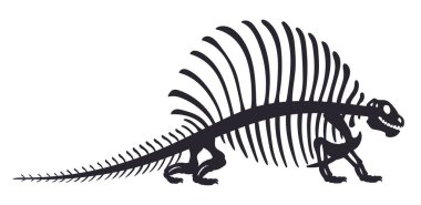 Çizgi film dinozor iskeleti. Dinozor fosil kemikleri silueti. Beyaz arkaplanda Antik Jurasik sürüngen düz vektör çizimi