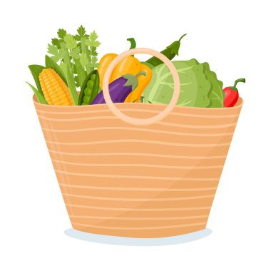 Alışveriş sepeti. Atık yok, sebzeli ve meyveli düz vektör illüstrasyonlu yeniden kullanılabilir market eko torbası. Sıfır çöp torbası