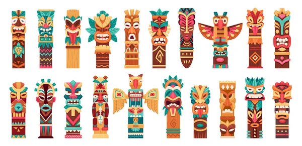 エスニック ティキ トーテム 漫画の儀式ハワイアンとアフリカの木製の彫像 伝統的な彫刻の彫刻 先住民の文化トーテム平らなベクターのイラストセット ネイティブティキの数字 — ストックベクタ