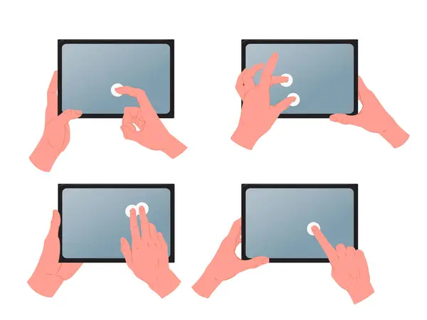 Ekran Dotykowy Tabletu Gesty Kreskówkowe Ręce Trzymające Korzystające Tabletu Cyfrowego — Wektor stockowy