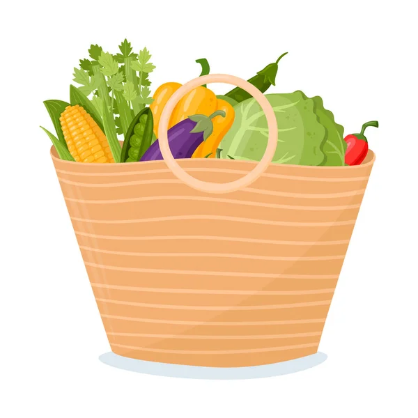 Shopping Basket Bag Waste Reusable Grocery Eco Bag Vegetables Fruits — Stock Vector