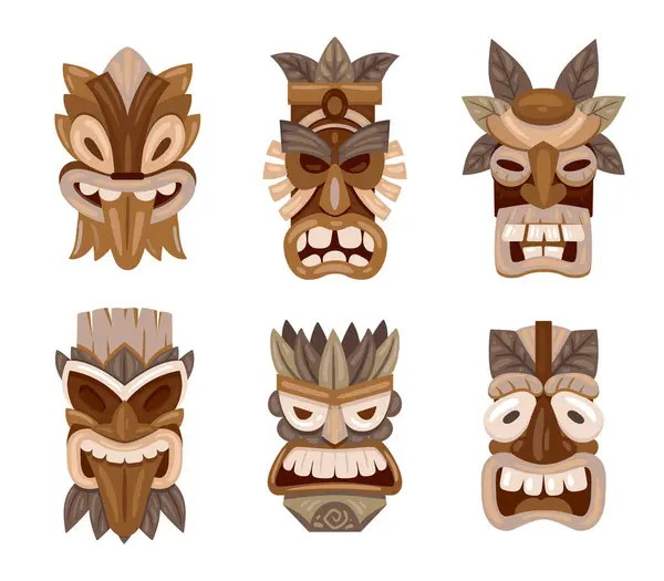 Máscaras Tiki Ceremoniales Madera Máscaras Africanas Hawaianas Rituales Tribales Dibujos — Vector de stock