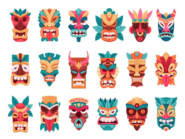 卡通部落面具 仪式用的非洲和夏威夷木制礼仪面罩 少数民族的Tiki图腾平面矢量图集 阿兹特克或非洲偶像仪式 — 图库矢量图片