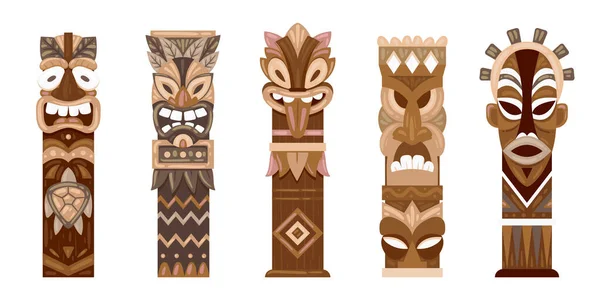 儀式的な木製の彫像 アボリジニポールトーテム フラットベクターイラストセット ハワイやアフリカの伝統的な彫刻 — ストックベクタ