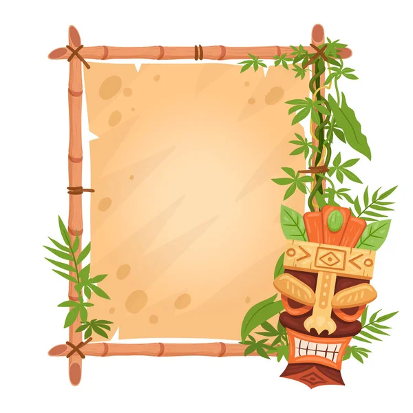 ティキトーテムタケフレーム ハワイとアフリカ先住民のトーテムとの漫画のサイン 木製の部族マスクの平らなベクターのイラストが付いている竹のフレーム — ストックベクタ