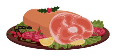 Noel jöleli jambon. Kış tatili yemeği, sebzeli kızarmış jambon, xmas et tabağı düz vektör çizimi. Kutlama Noel yemeği