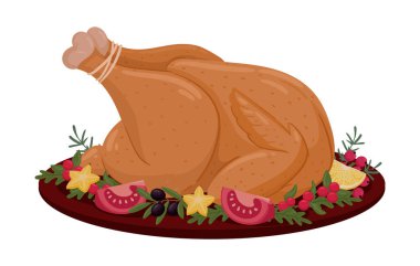 Noel hindisi. Bayram yemeği, yemek, fırında hindi veya sebzeli tavuk ve biberiye düz vektör çizimi. Şenlikli Xmas yemekleri