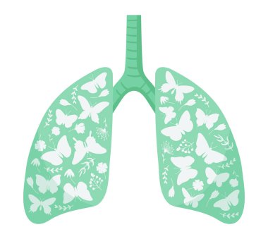 Çizgi film yeşil gezegen akciğerleri metaforu. Kelebekli sağlıklı, temiz akciğerler, temiz hava, iyi ekolojik durum düz vektör çizimi.