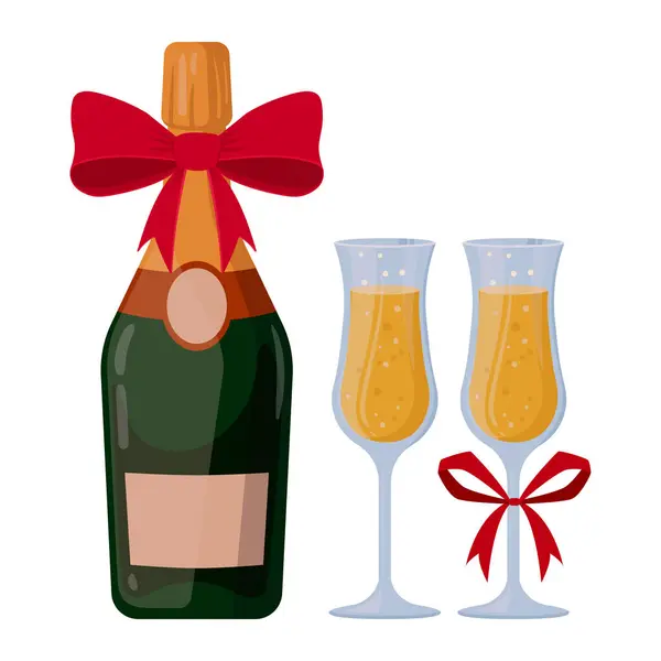 Champagne Fles Glazen Cartoon Feestelijk Feest Drank Kerstmis Verjaardag Viering — Stockvector