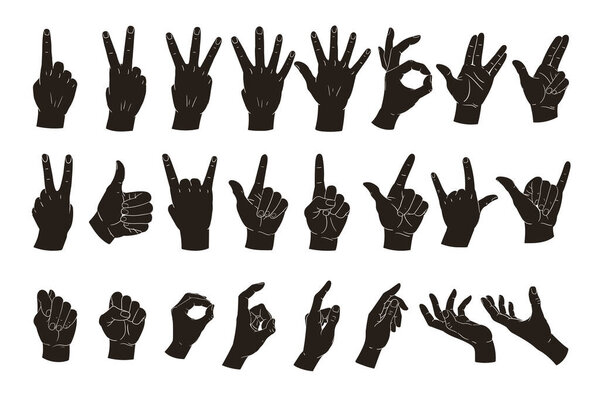 Силуэты рук. Мультфильм жесты руки, мир, хорошо и вызов позиции. Человеческая рука жестикулирует плоскими векторными иллюстрациями. Коллекция силуэтов жестов
