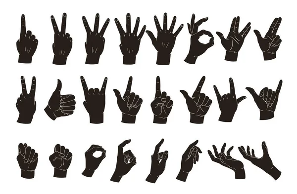 Hands Silhouettes Cartoon Hand Gestures Peace Okay Call Position Human — Stock Vector